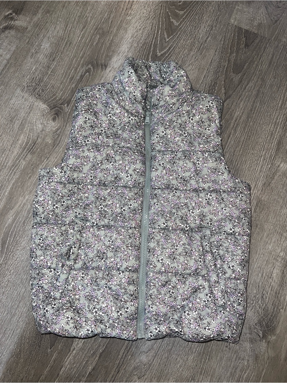 Girls H&M Floral Quilted Puffer Vest -Olive Green & Lavender